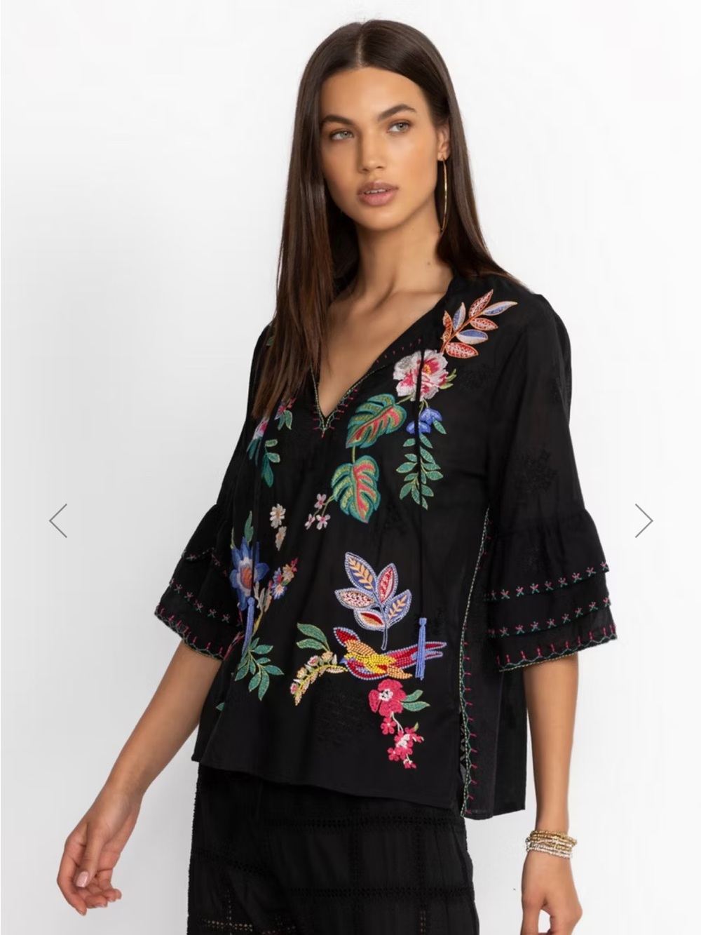NWT Johnny Was Jeanette Embroidered V-Neck Tunic Top Beaded Tassel Sz M Cotton